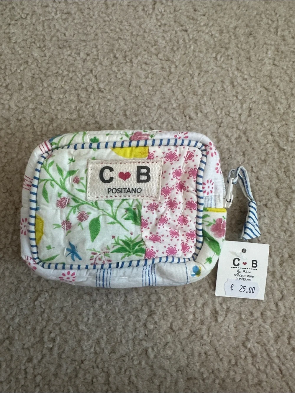 C·B Positano Floral Quilted Pouch - White with Pink & Green